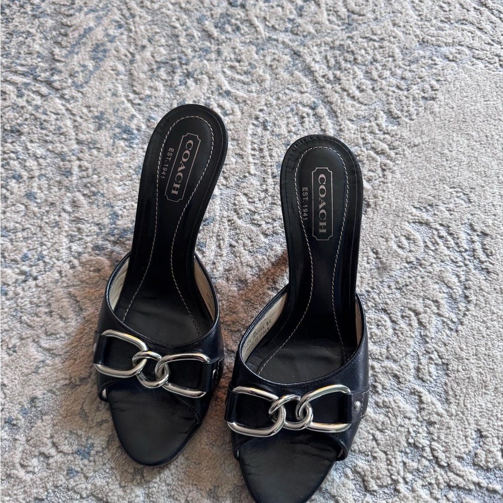 Coach Black Leather Slide Mules with Silver Chain Accent